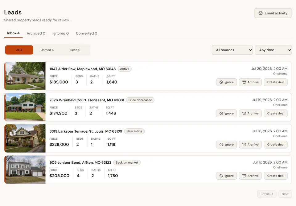 CopperJack Leads inbox showing four fictional property opportunities with prices, property details, source status, and deal actions.
