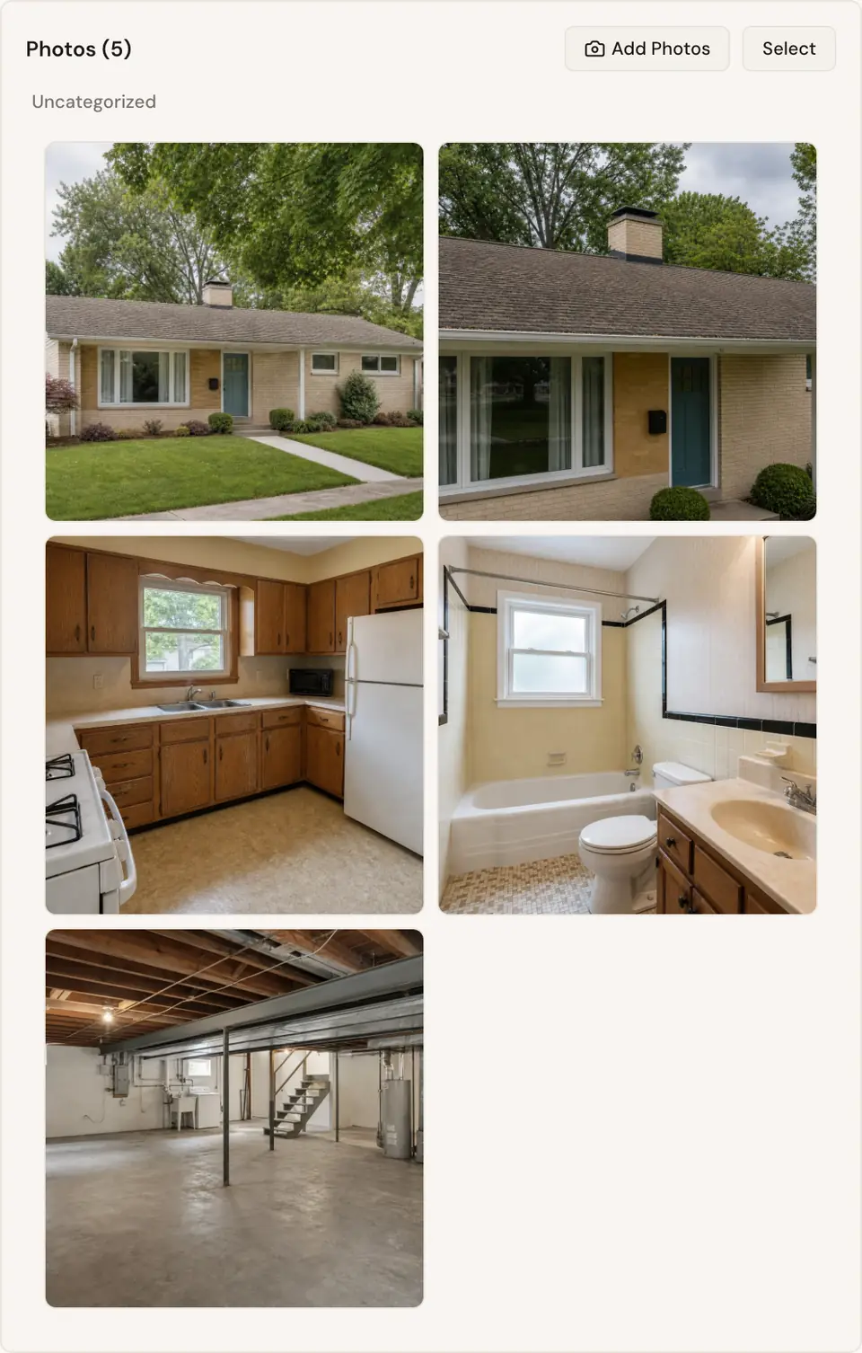 CopperJack Photos for a fictional property showing the front exterior, kitchen, basement, bathroom, and roof condition.